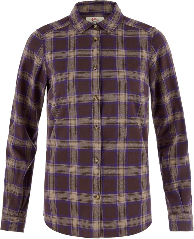 Fjallraven Ovik Classic Flannel Women's Long Sleeve Shirt, Organic Cotton - Regular Fit Black Oak/Dark Violet