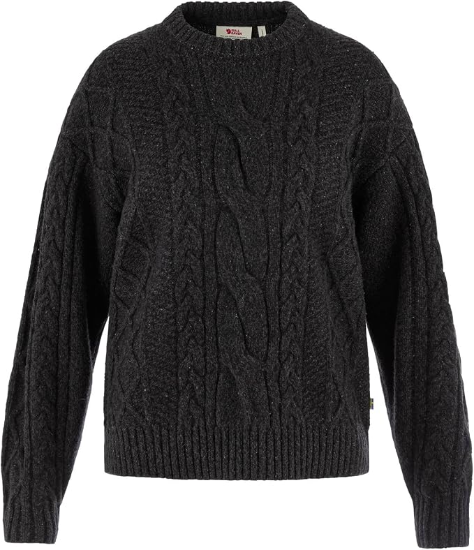Fjallraven Ovik Cable Knit Women's Round Neck Sweater - Relaxed Fit Black