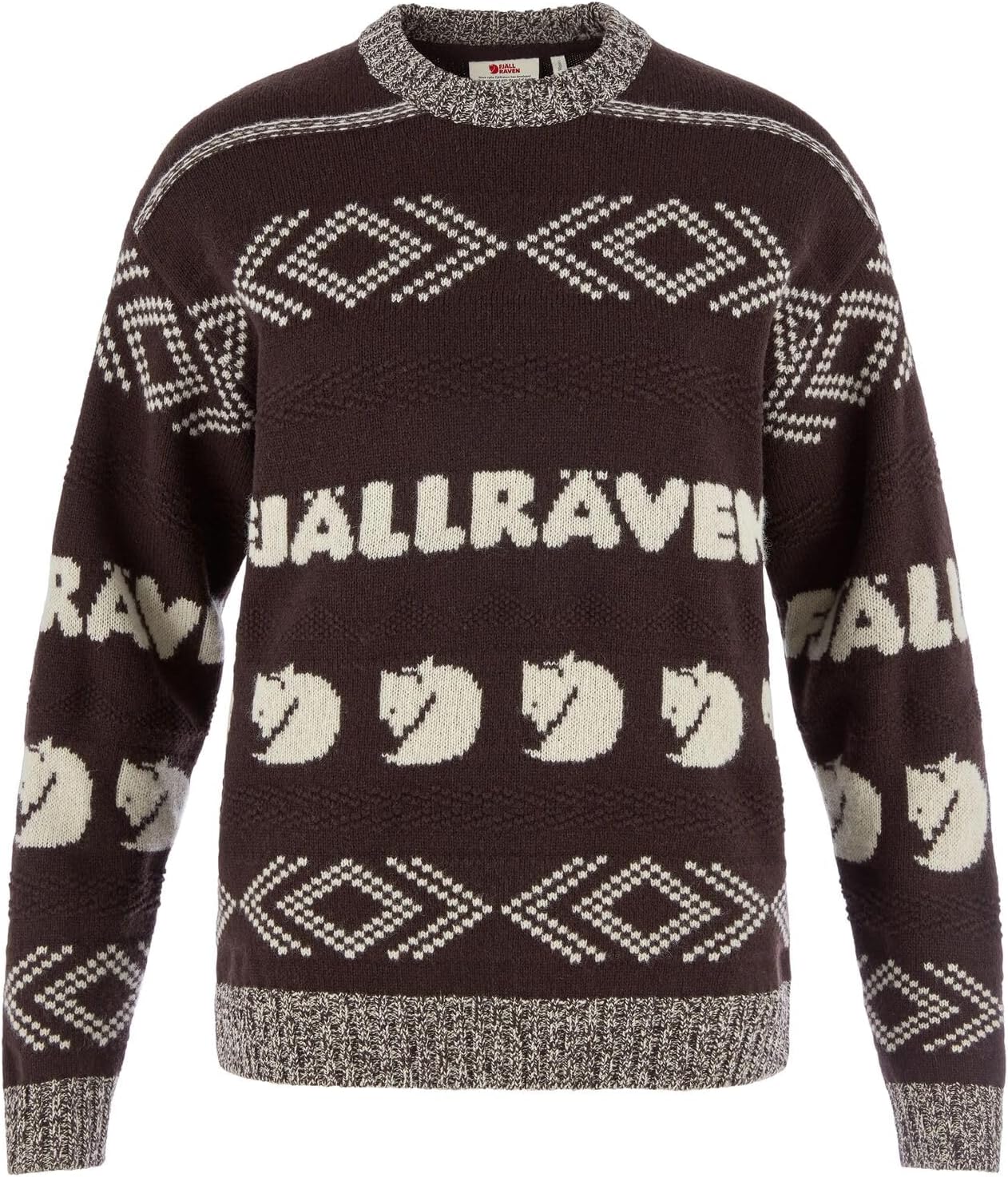 Fjallraven Jacquard Knit Women's Round Neck Sweater - Relaxed Fit Black Oak/Light Beige