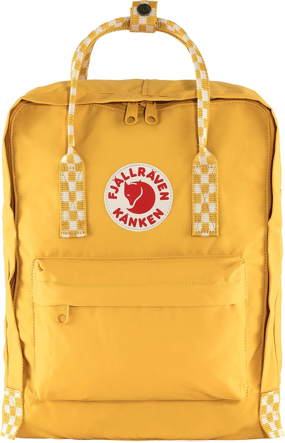 Fjällräven Kanken Backpack - Durable Vinylon Fabric, Water-Resistant, Classic Design - School, Travel Ochre/Chess Pattern