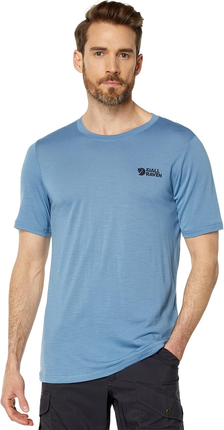 Fjallraven Abisko Wool Logo Men's Short Sleeve Shirt, Merino Wool Blend - Slim Fit Dawn Blue