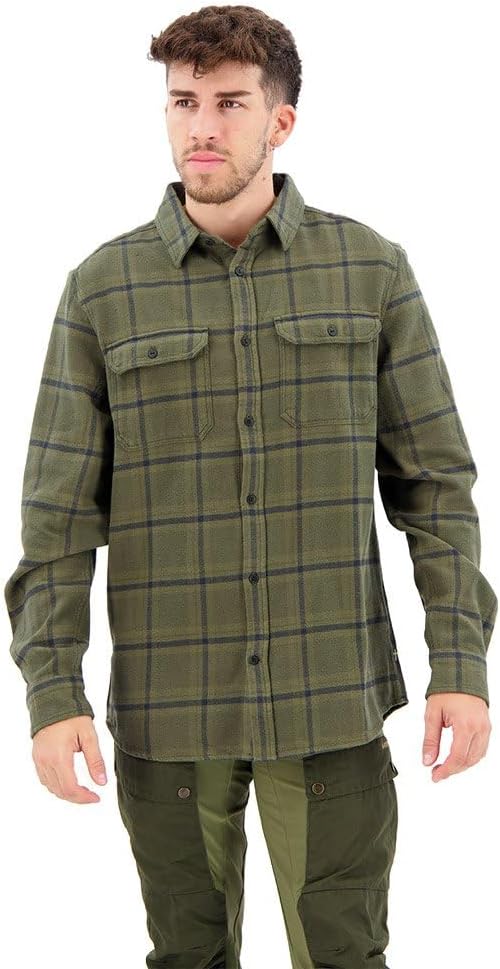 Fjallraven Ovik Heavy Flannel Men's Long Sleeve Shirt, Organic Cotton - Relaxed Fit Deep Forest-laurel Green
