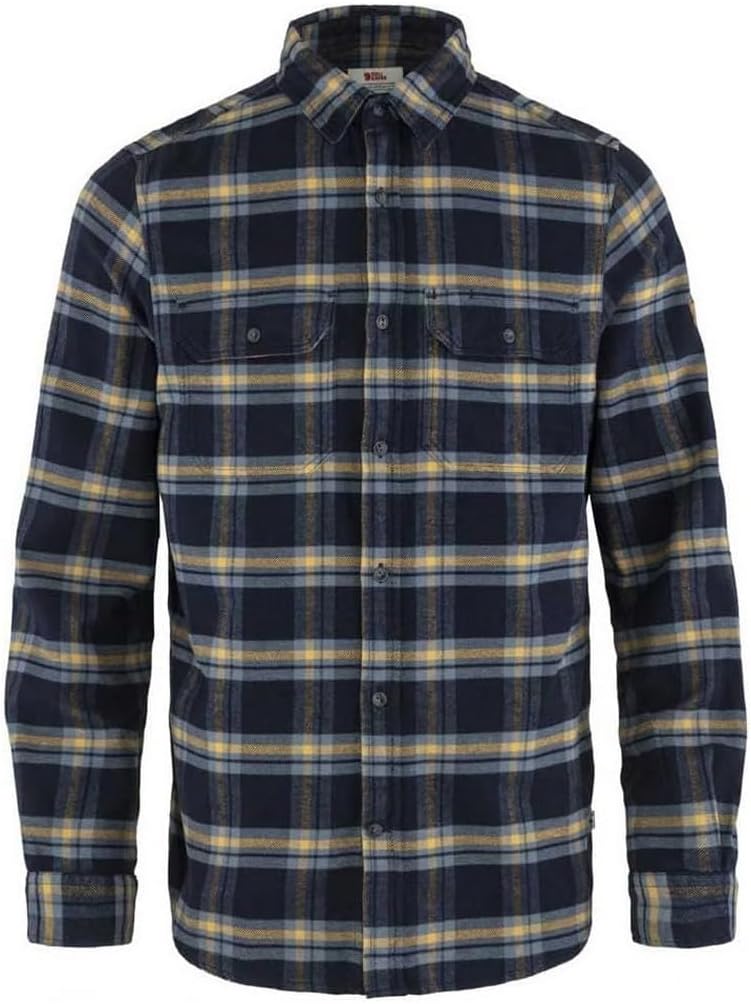 Fjallraven Ovik Heavy Flannel Men's Long Sleeve Shirt, Organic Cotton - Relaxed Fit Dark Navy/Buckwheat Brown