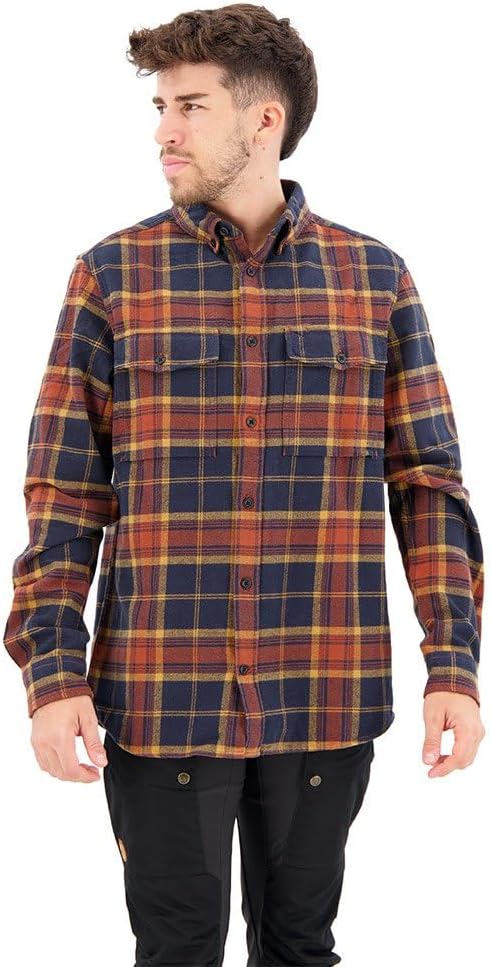 Fjallraven Ovik Twill Men's Long Sleeve Shirt, Organic Cotton - Relaxed Fit Autumn Leaf/Dark Navy