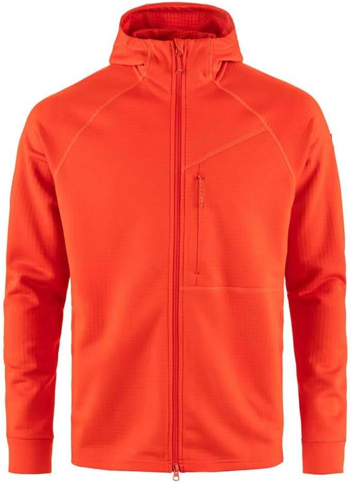 Fjällräven Abisko Grid Fleece Hoodie Men's Jacket - Lightweight Breathable Stretch Grid Midlayer for Hiking Trekking Outdoor Flame Orange