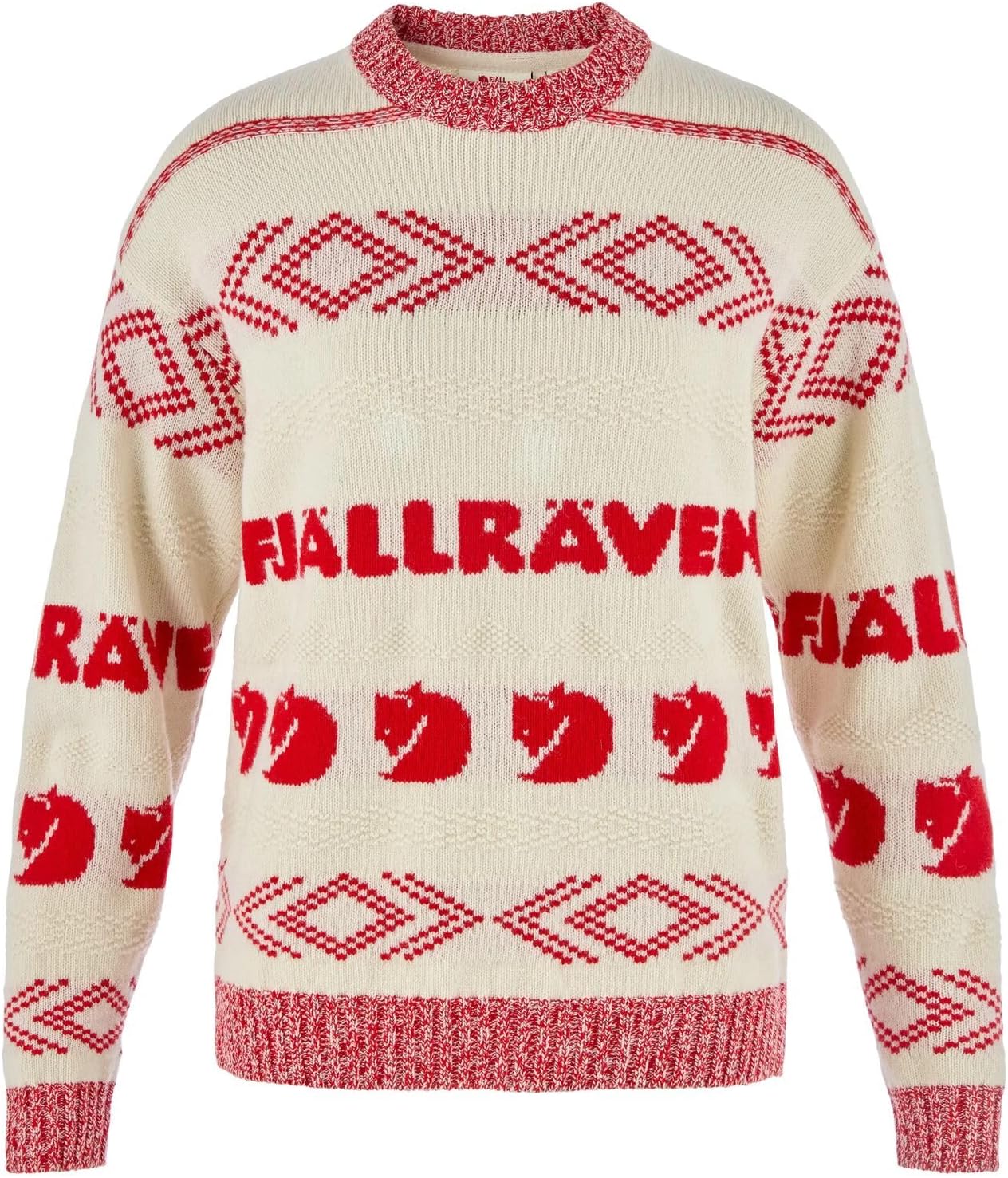 Fjallraven Jacquard Knit Women's Round Neck Sweater - Relaxed Fit Chalk White/True Red