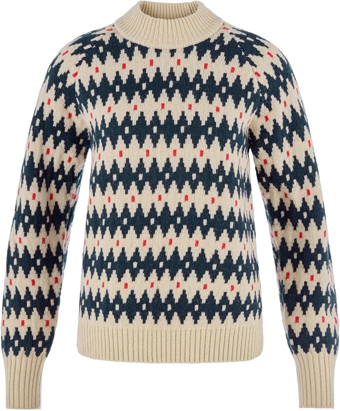 Fjallraven Ovik Jacquard Knit Women's Round Neck Sweater - Regular Fit Light Beige/Dark Navy