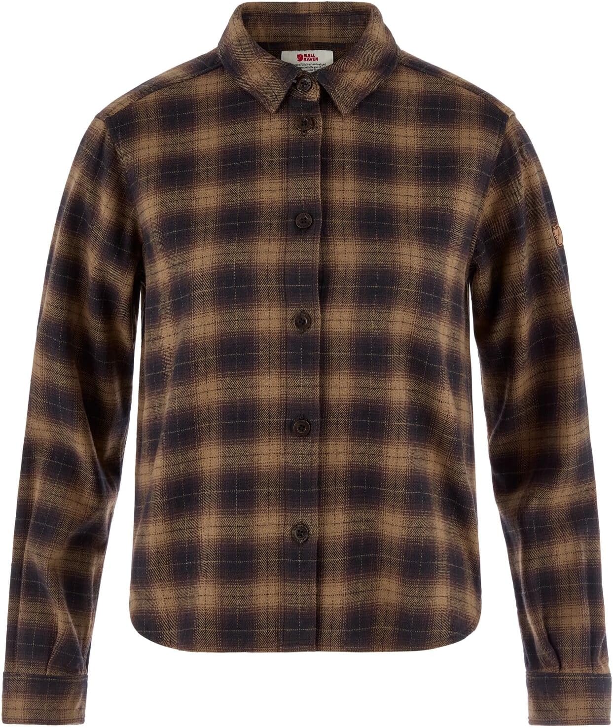 Fjallraven Ovik Boxy Flannel Women's Long Sleeve Shirt, Organic Cotton - Relaxed Fit Black/Wood Brown