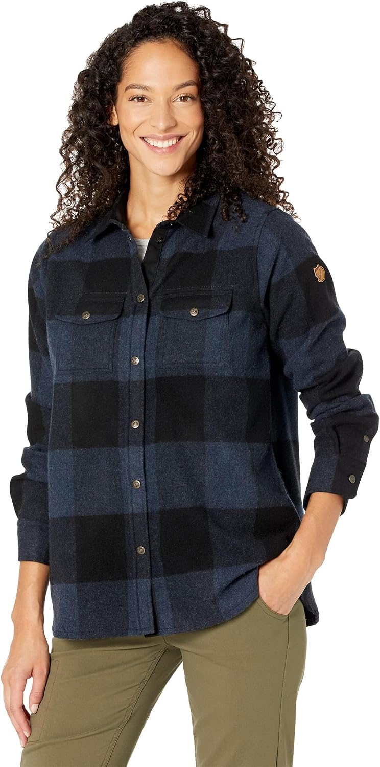 Fjallraven Canada Women's Long Sleeve Shirt, Wool Blend - Relaxed Fit Navy/Black