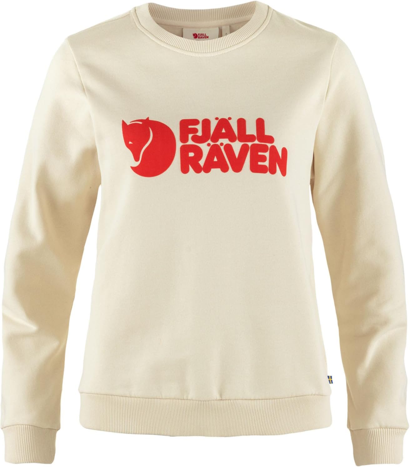 Fjällräven Logo Sweater Women's Sweatshirt - Soft Fleece, Classic Crewneck, Organic Cotton Blend - Hiking, Travel Chalk White/Flame Orange