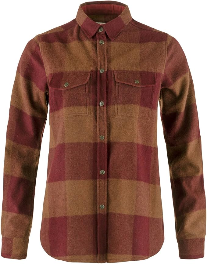 Fjallraven Canada Women's Long Sleeve Shirt, Wool Blend - Relaxed Fit Autumn Leaf/Bordeaux Red