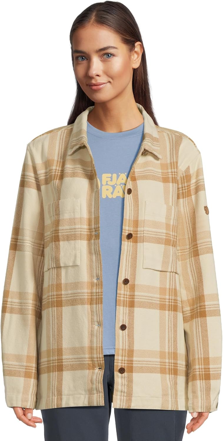 Fjallraven Singi Flannel Overshirt Women's Long Sleeve Shirt, Organic Cotton - Relaxed Fit Chalk White/Dune Beige