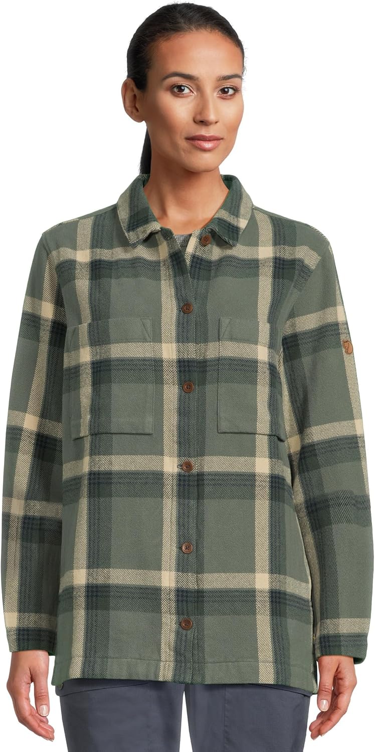 Fjallraven Singi Flannel Overshirt Women's Long Sleeve Shirt, Organic Cotton - Relaxed Fit Patina Green/Deep Patina